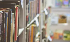 Books on a library shelf