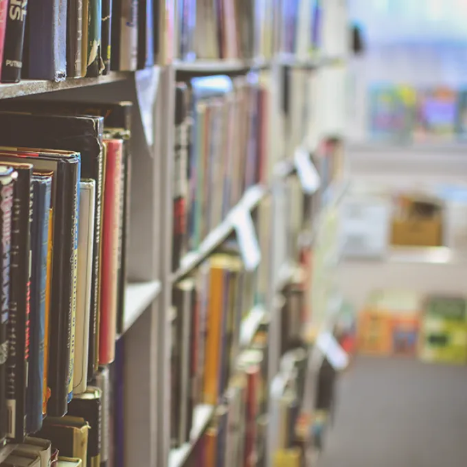 Books on a library shelf